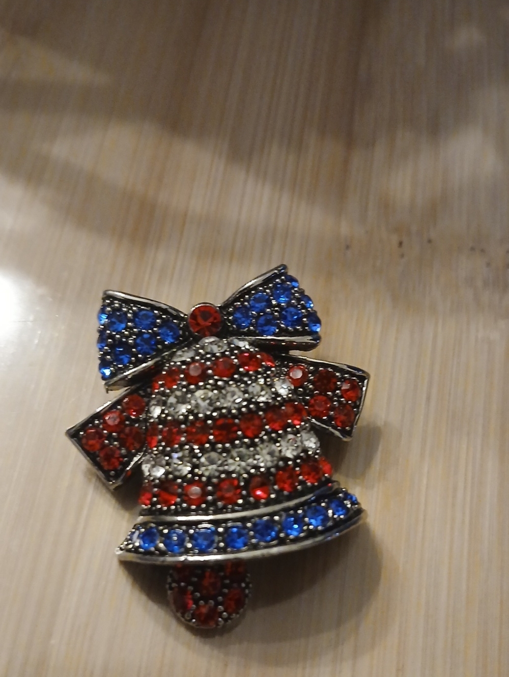 Patriotic Crystal Bell Brooch - Red, White & Blue